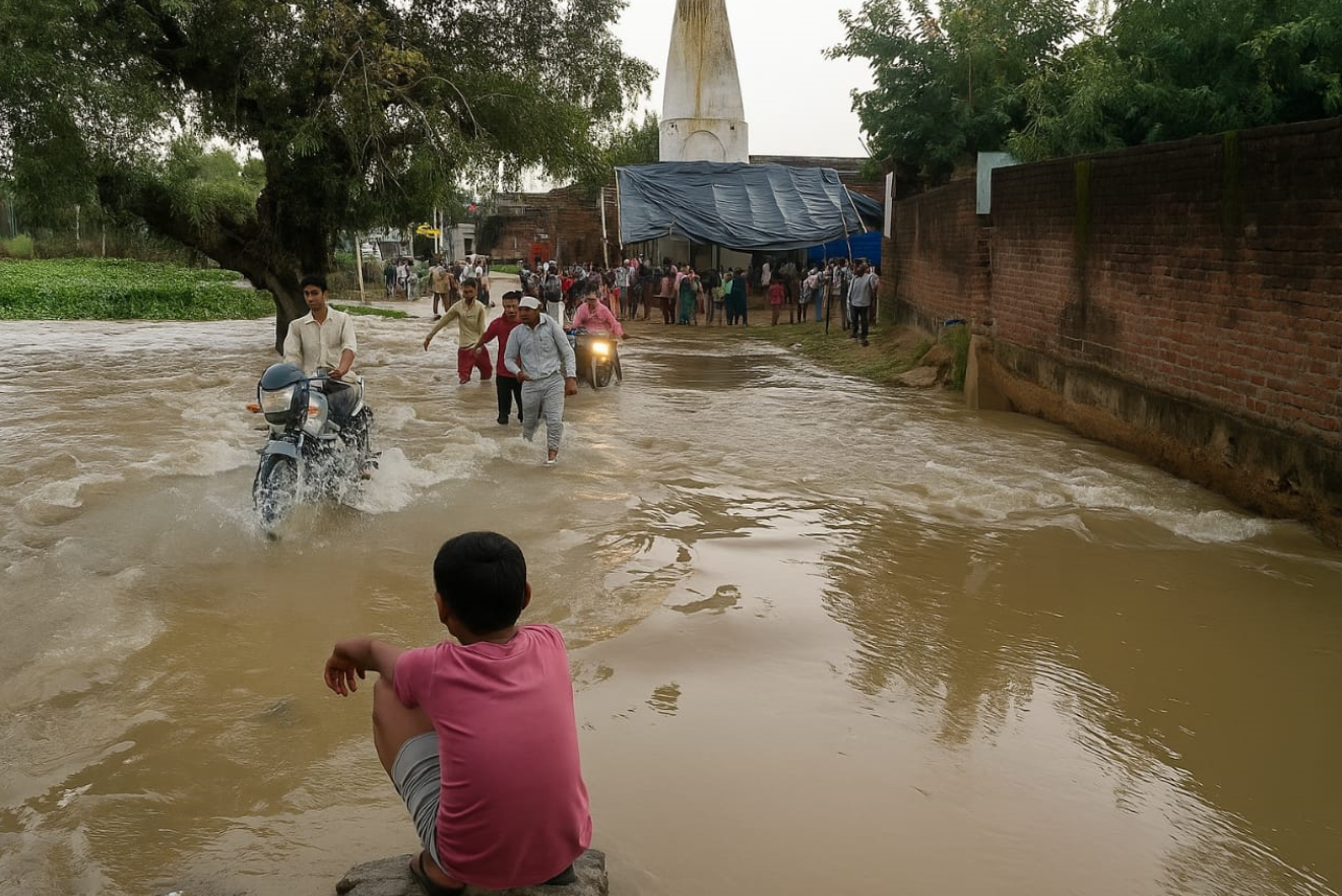 दो करोड़ में अधूरा बांध, सैदापुर-बाकरगंज डूबे – शाहपुर मार्ग पर थमा आवागमन, फसलें जलमग्न।1